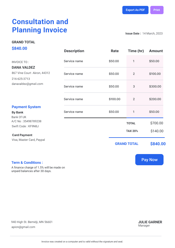 Consultation and Planning Invoice