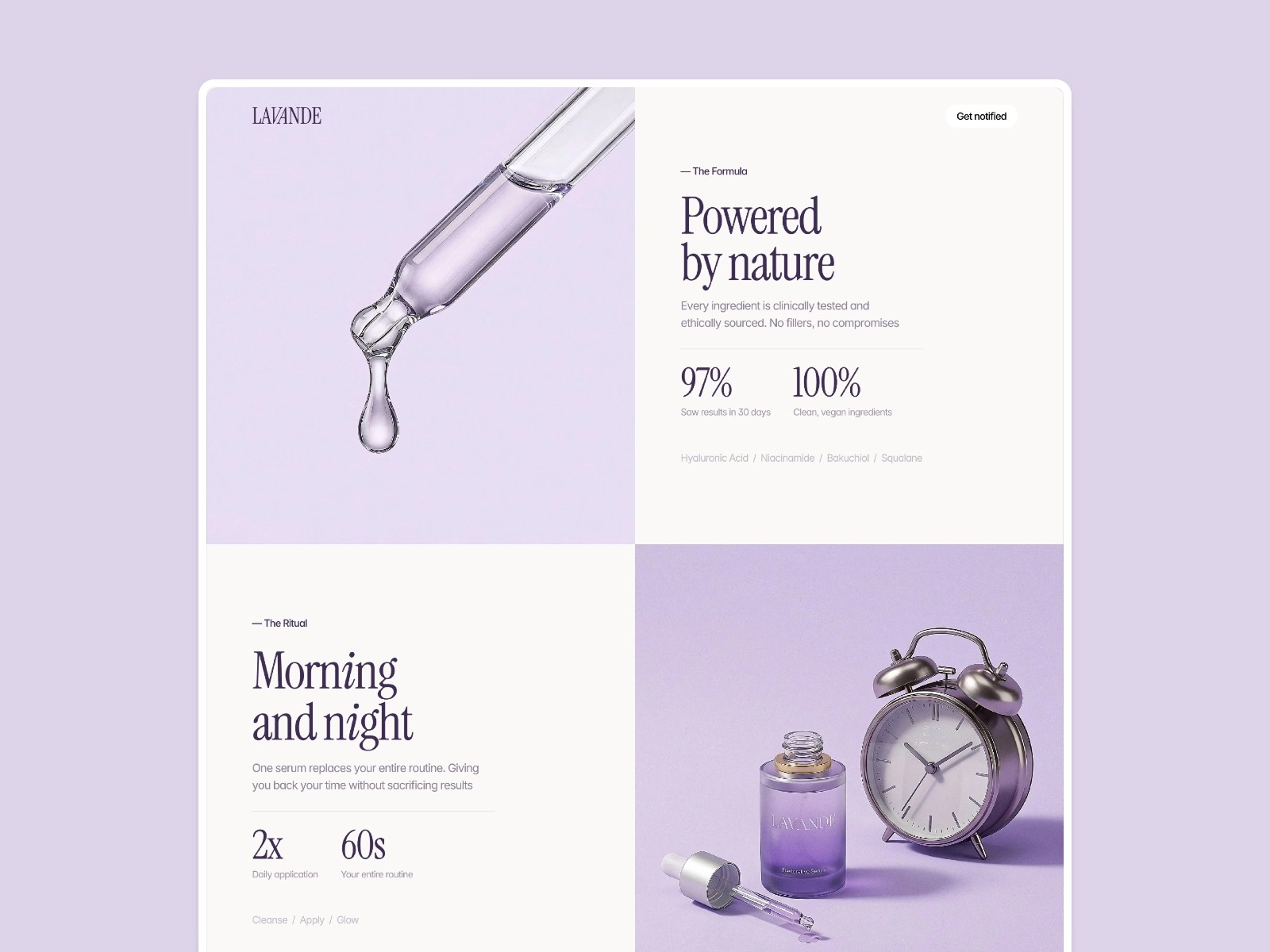 Serum dropper and clock on lavender background, promoting skincare benefits.