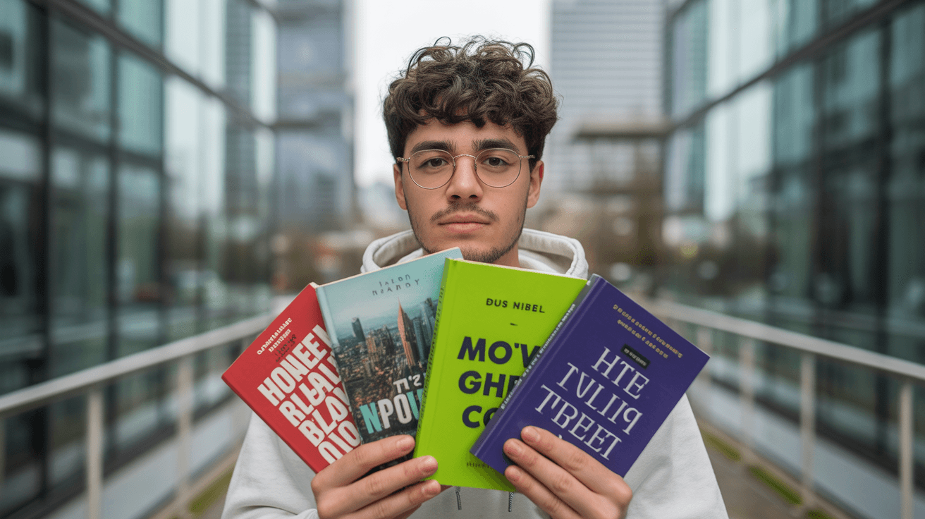 Creator holding four finance books in office corridor for financial freedom book list