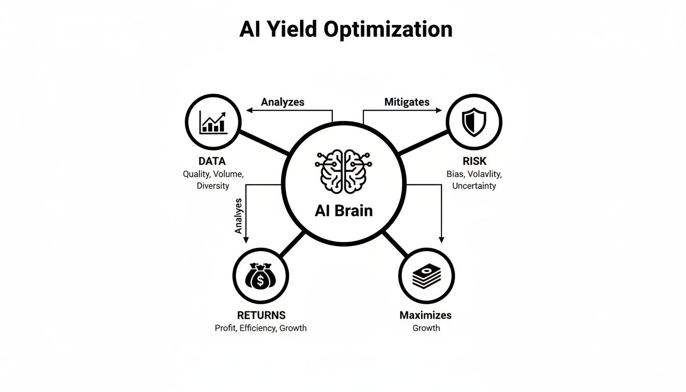 AI Yield Optimization diagram showing AI Brain analyzing data, mitigating risk, and maximizing returns and growth.