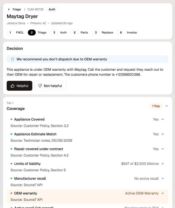 The ProPay claim view showing coverage checks, an OEM warranty recommendation, and the dispatch decision