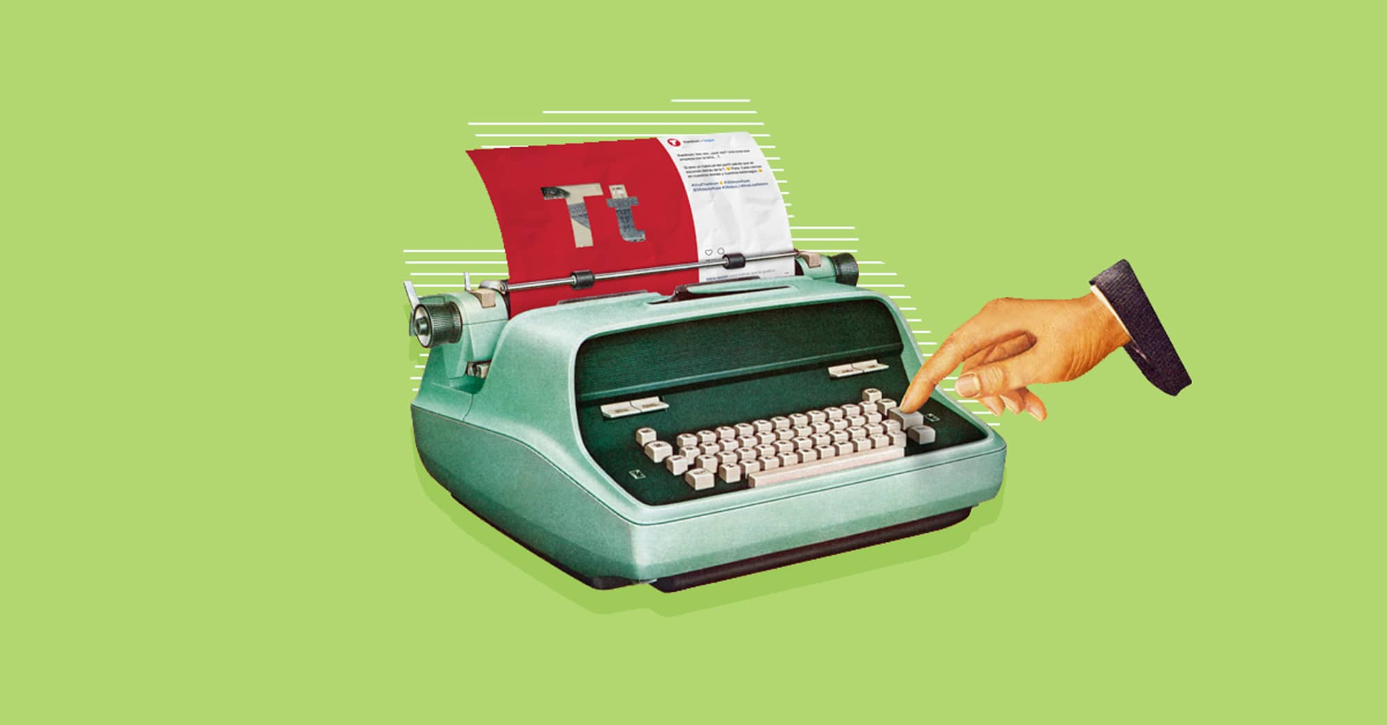Máquina de escribir vintage verde con mano apuntando, sobre fondo verde claro.
