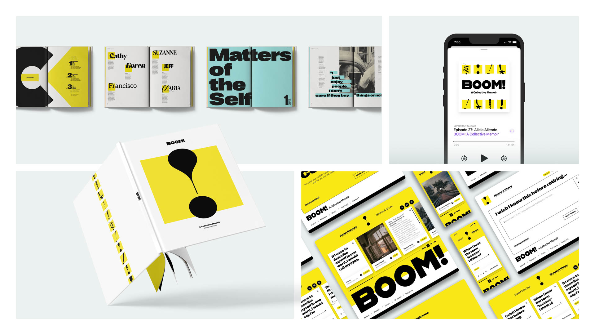 The image is a collage of six distinct design elements arranged in two rows on a light gray background. The top row features five books or booklets with minimalist design: a black spine with yellow text, a teal cover, a white cover with black text, a white cover with black text, and a black spine with yellow text. The bottom row includes a folded magazine or booklet with a yellow cover and a black silhouette, a smartphone displaying the BOOM! app interface with a yellow cover, a white cover with black text, and a white cover with black text. The BOOM! app interface shows text reading “BOOM! A Collective Memoir” and a playlist titled “Episode 27: Allisoné.”