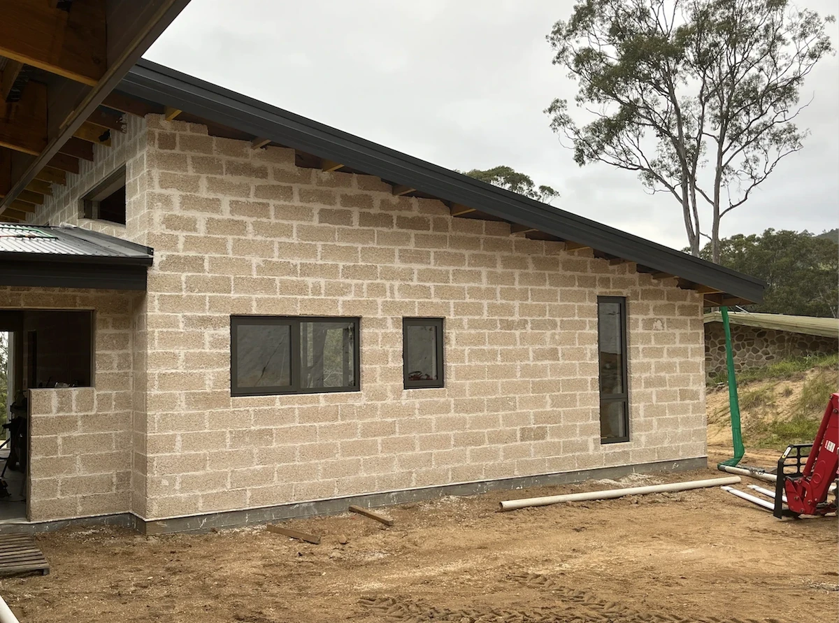 Complete Hempcrete block wall as an exterior cladding. The product used is a Respirabuilt 80mm. 