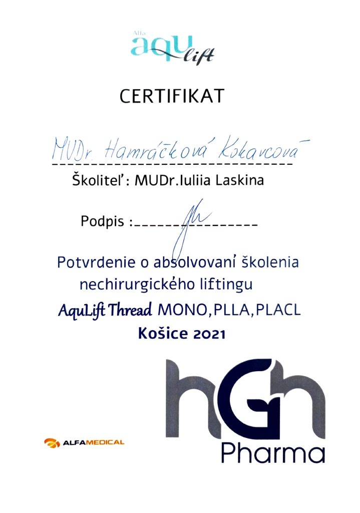 Certifikát pre MUDr. Veroniku Hamráčkovú Kokavcovú potvrdzujúci školenie nechirurgického liftingu niťami AquLift Thread (typy MONO, PLLA, PLACL)