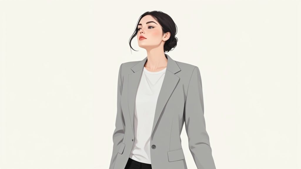 Eine Frau trägt einen beigen Rollkragenpullover unter einem passenden Blazer für ihr Bewerbungsfoto.