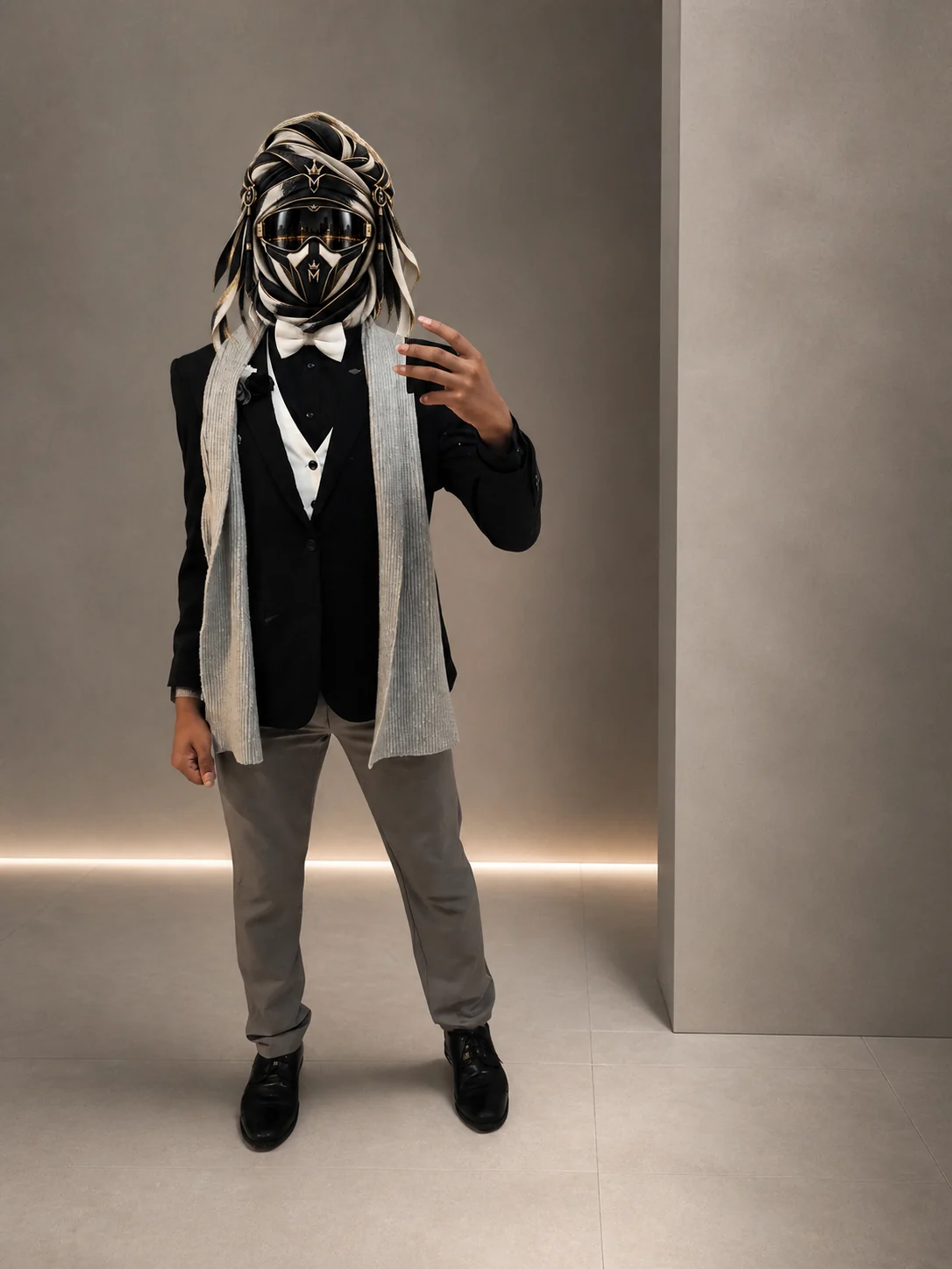 Full-length view of Black, Beige and White, a black jacket worn with a white scarf, beige trousers and black shoes, with the official Marzelest face covering.
