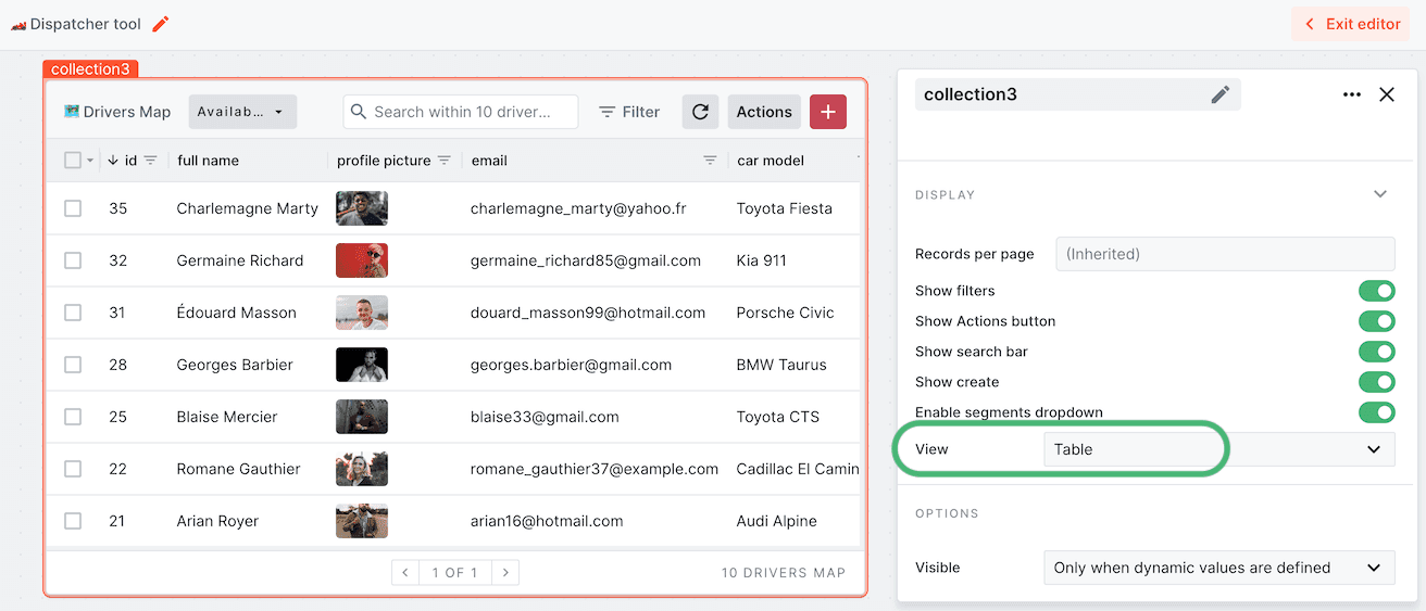 Default View selection of a collection component in a Forest Admin workspace.