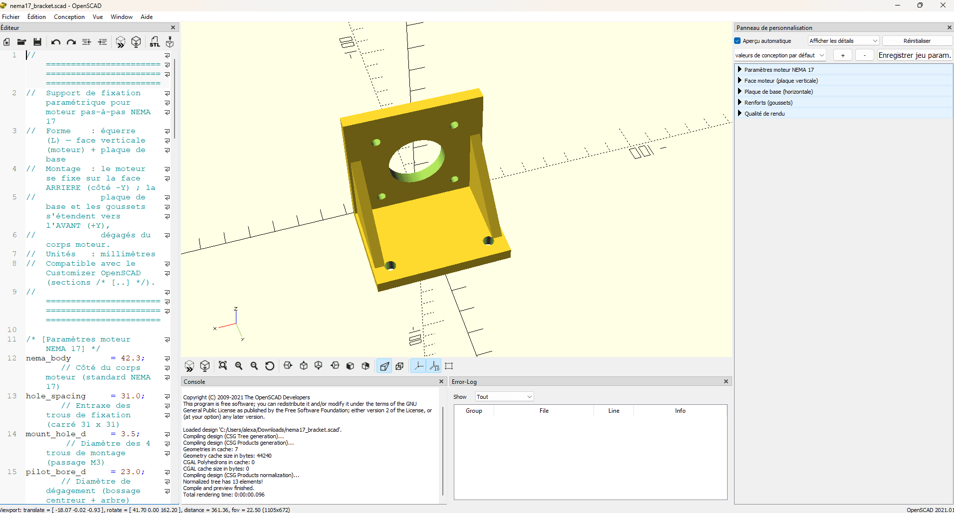 OpenSCAD software workspace displaying a 3D yellow NEMA 17 L-bracket mount model, featuring the interactive Customizer panel active on the right side with parameter dropdown groups.