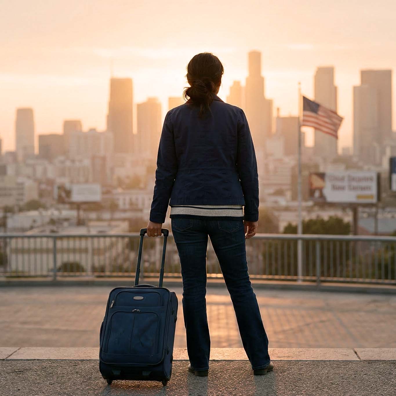 Mujer inmigrante con maleta mirando el horizonte de una ciudad en Estados Unidos