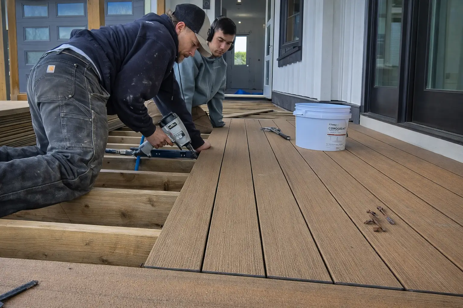 Professional deck builders installing composite decking on a backyard deck.