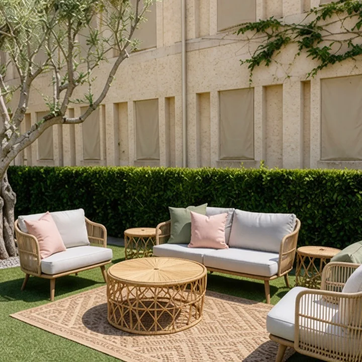 Outdoor lounge area with rattan sofas, pink and sage cushions and a round woven coffee table on a patterned rug, in front of a trimmed hedge.