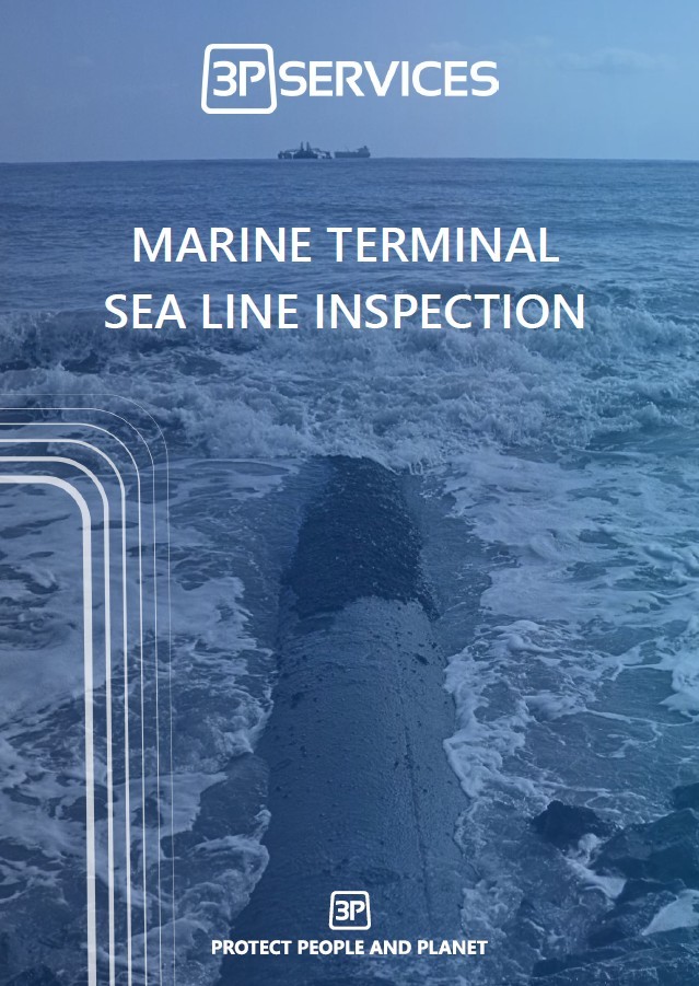 3P Services Meeres-Terminal Seeschleusen-Inspektion, Blick auf das Meer mit Booten in der Ferne. Inspektion zum Schutz der Umwelt.