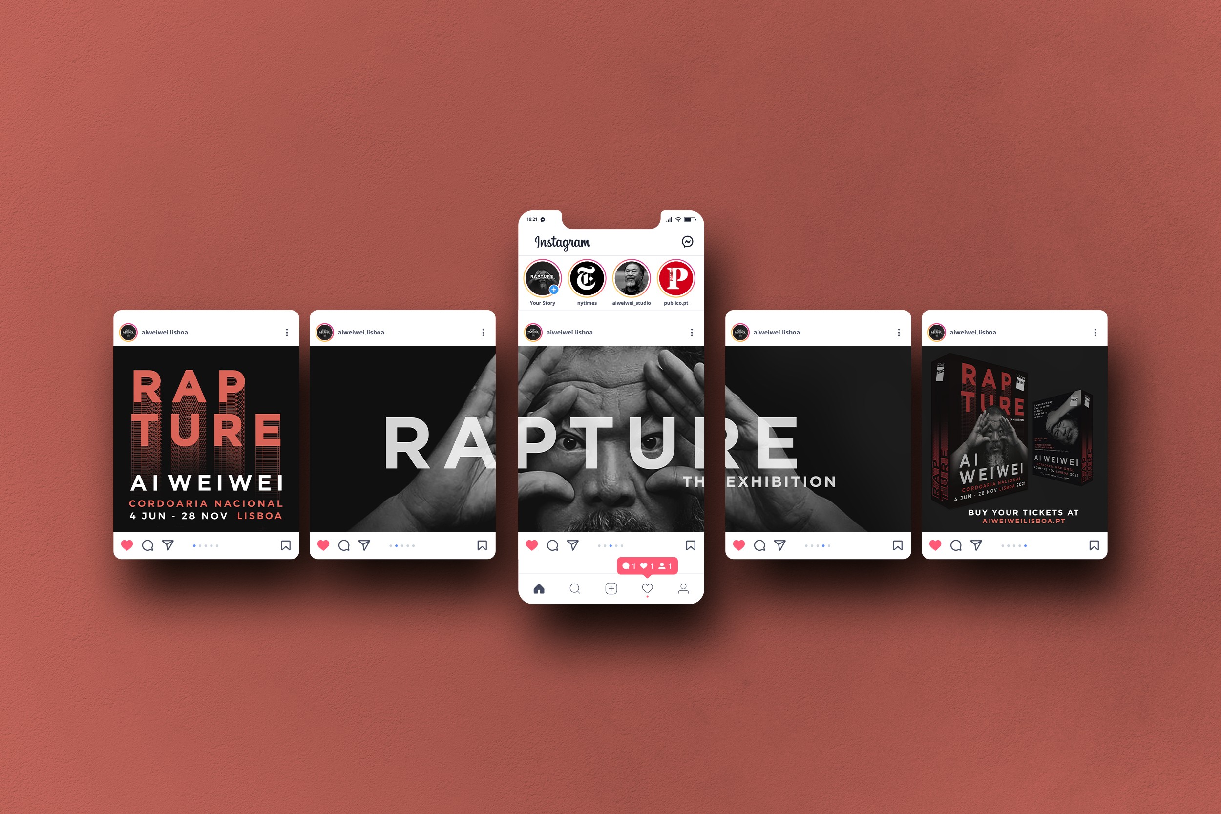 Social media campaign visuals for “Rapture – The Exhibition” by Ai Weiwei featuring Instagram posts and bold exhibition branding.