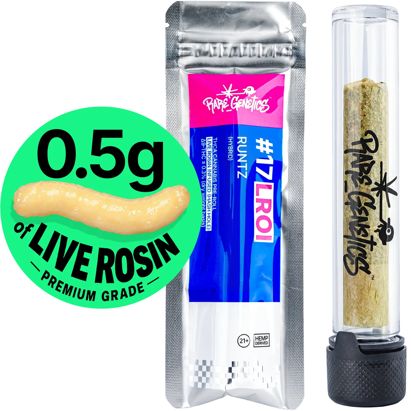 #17 Runtz live rosin infused hash hole pre-roll — hybrid premium indoor flower from Rare Genetics
