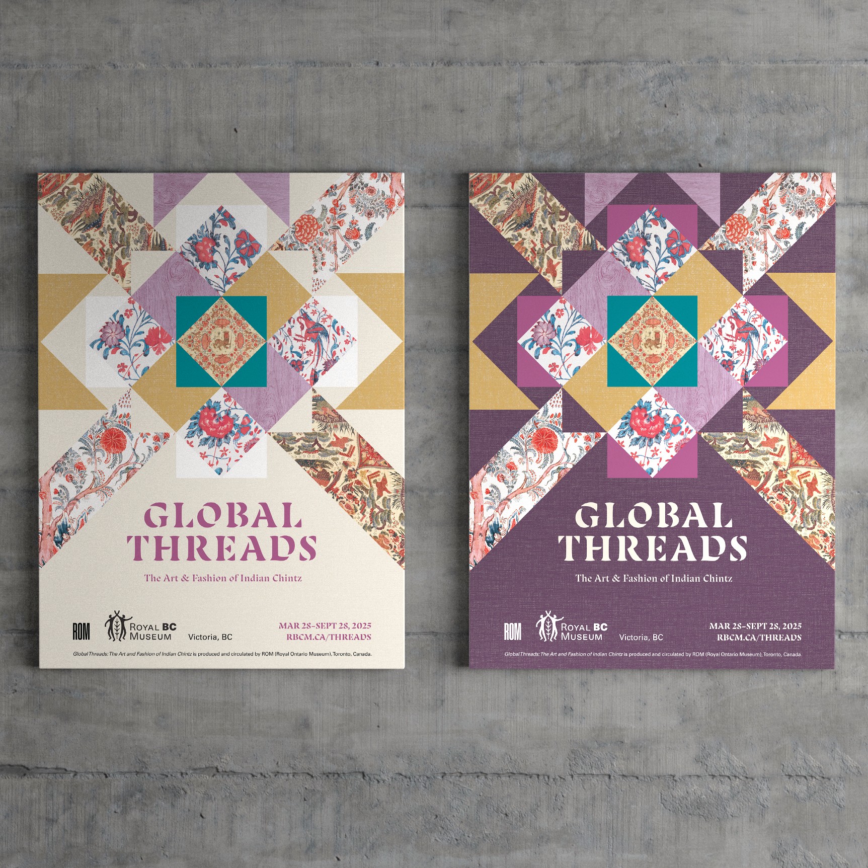 Two posters on a concrete wall with the title Global Threads and a colourful pattern of textile squares in gold, purple and teal