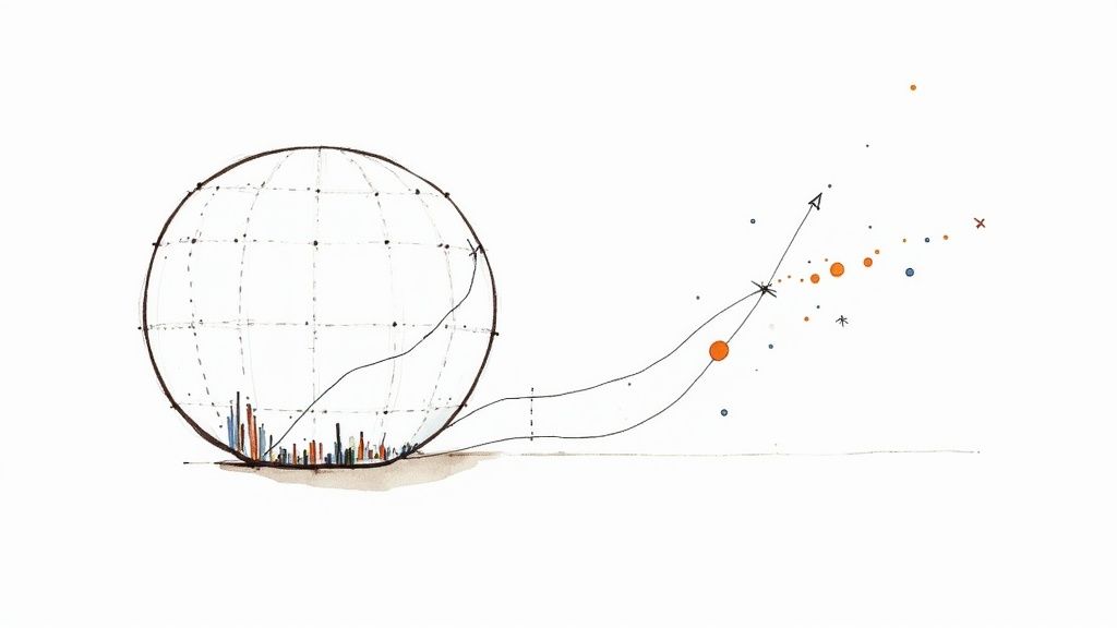 Abstract visualization of global data and growth trend with a graph and scattered points.