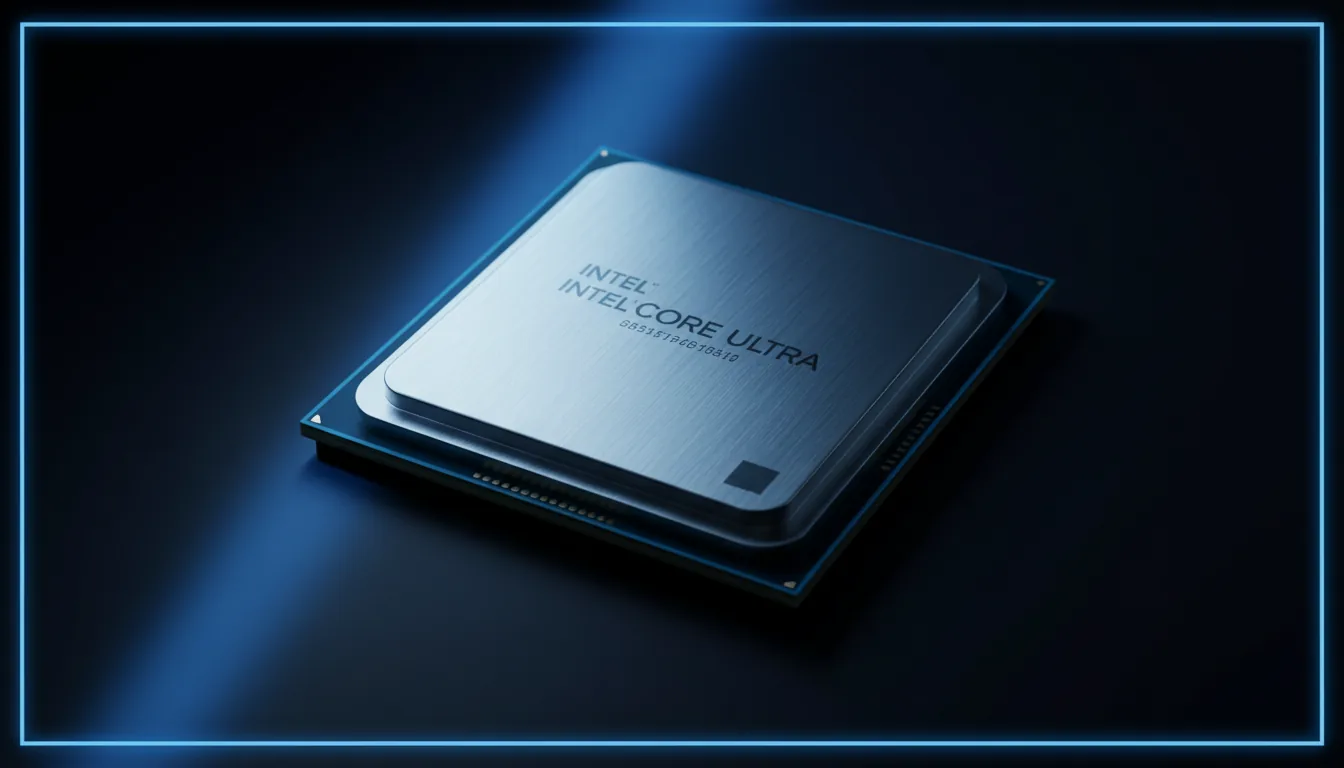 DSLR macro product photography of a modern Intel Core Ultra CPU, shot from a slight high-angle. The lighting is cinematic and high-contrast, with a single, soft beam of blue light casting a diagonal highlight from the top across the processor. The background is a clean, dark studio backdrop with a deep blue gradient. The focus is tack-sharp on the brushed metal texture of the CPU's heat spreader, revealing intricate details and etched branding. The overall composition is minimalist and framed by a thin, glowing blue line with rounded corners.