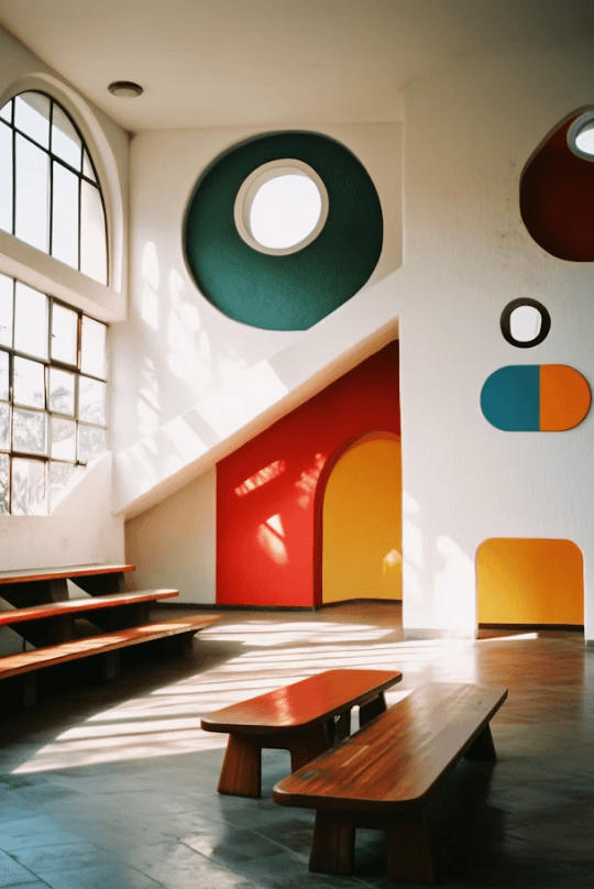Playful interior with bold geometric shapes in red, orange and teal tones