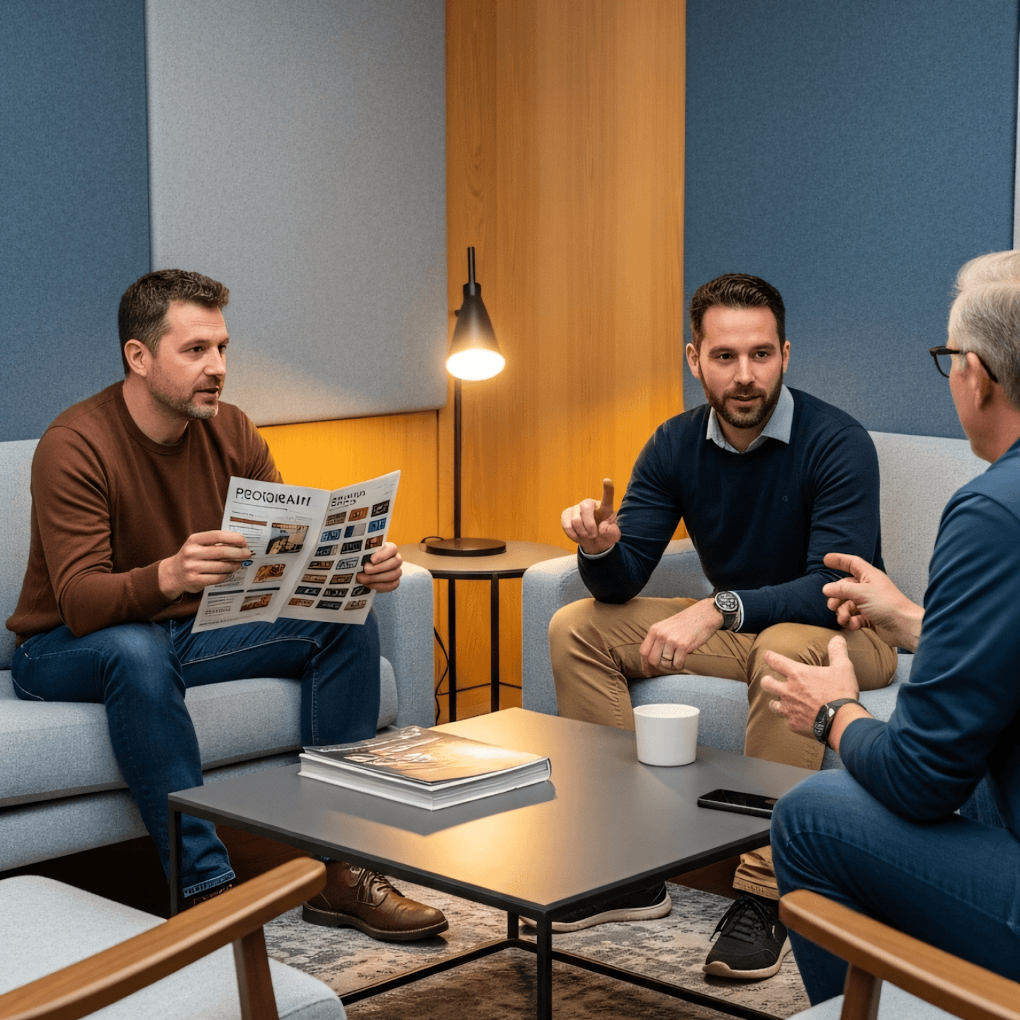 Three men talking in a modern lounge with light sofas, magazines, and warm lighting