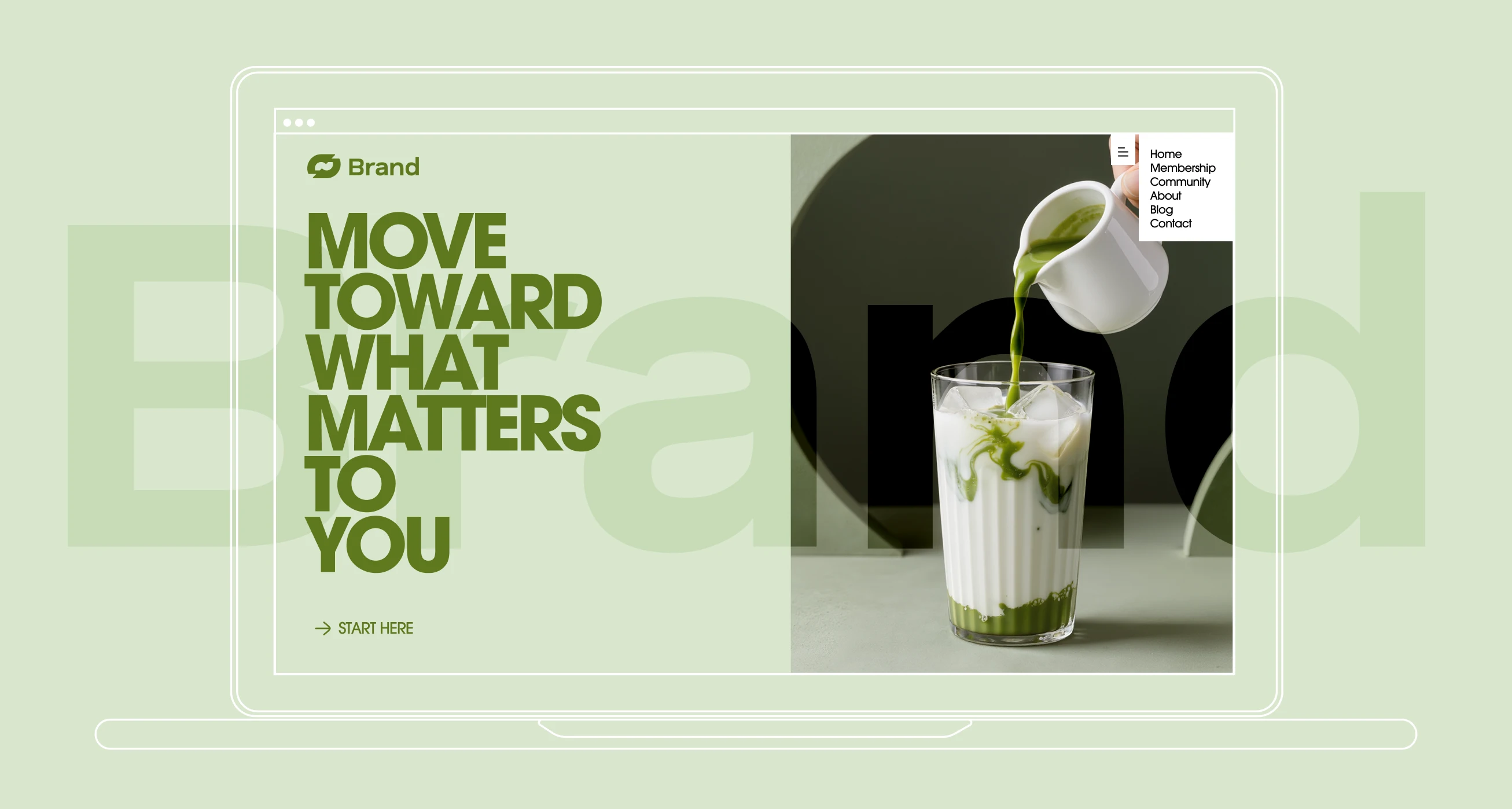 Pouring matcha into iced milk on web page with “Move Toward What Matters.”