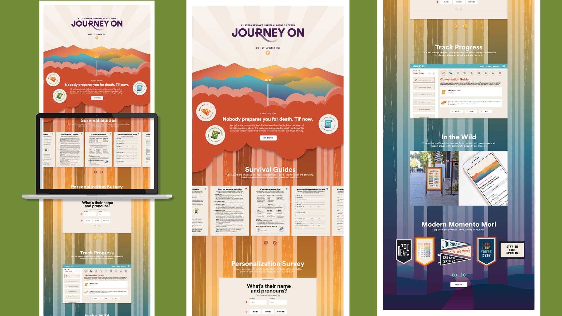 Three screenshots showcase the Journey On website design. The leftmost screenshot displays a tablet displaying the website’s navigation and content. The center screenshot highlights the Survival Guides section with text and icons. The rightmost screenshot presents the Track Progress section with progress indicators and navigation options.