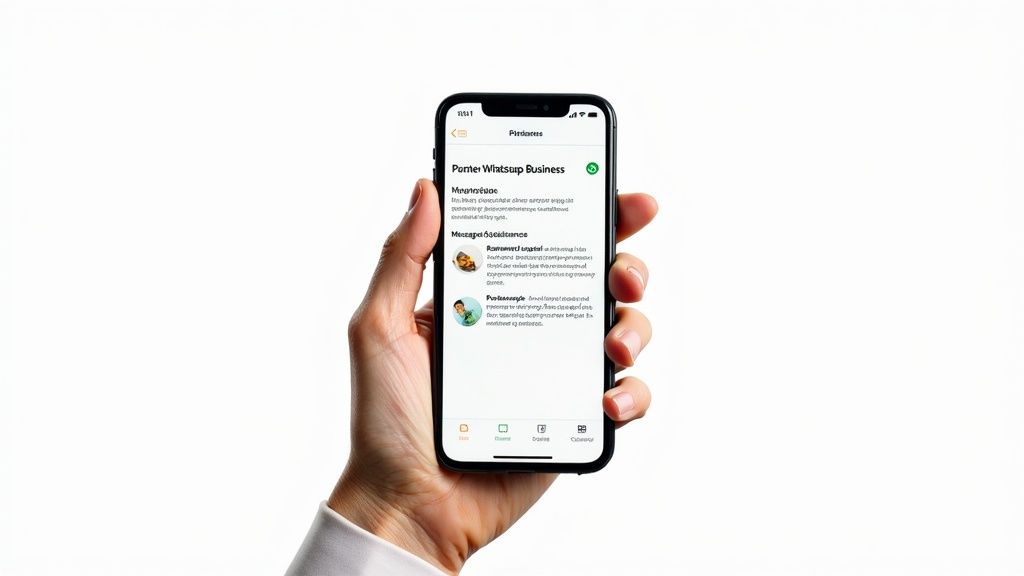 Main tenant un smartphone affichant l'interface WhatsApp Business avec les paramètres de réponses automatiques