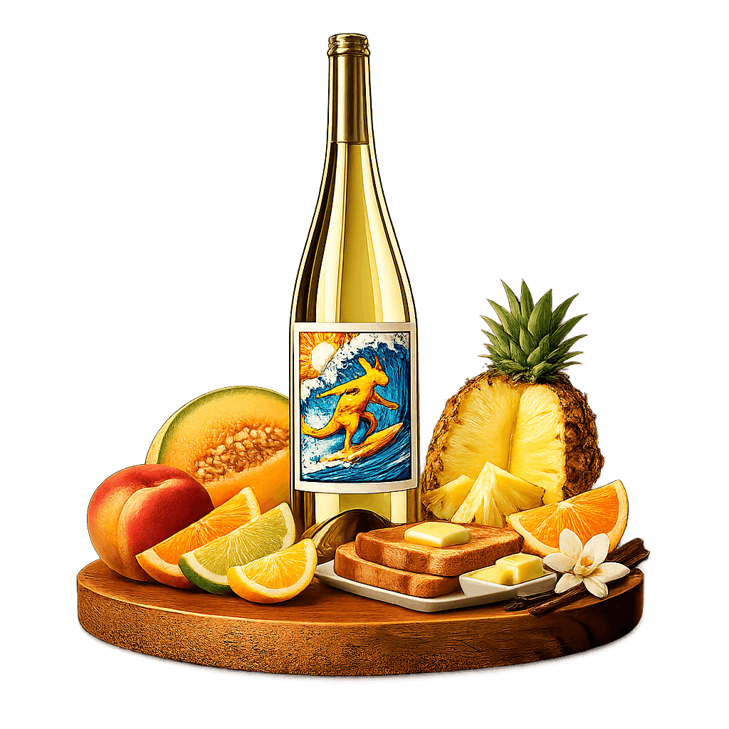 Artistic label and flavor profile for Australian Chardonnay on a rustic wooden table.