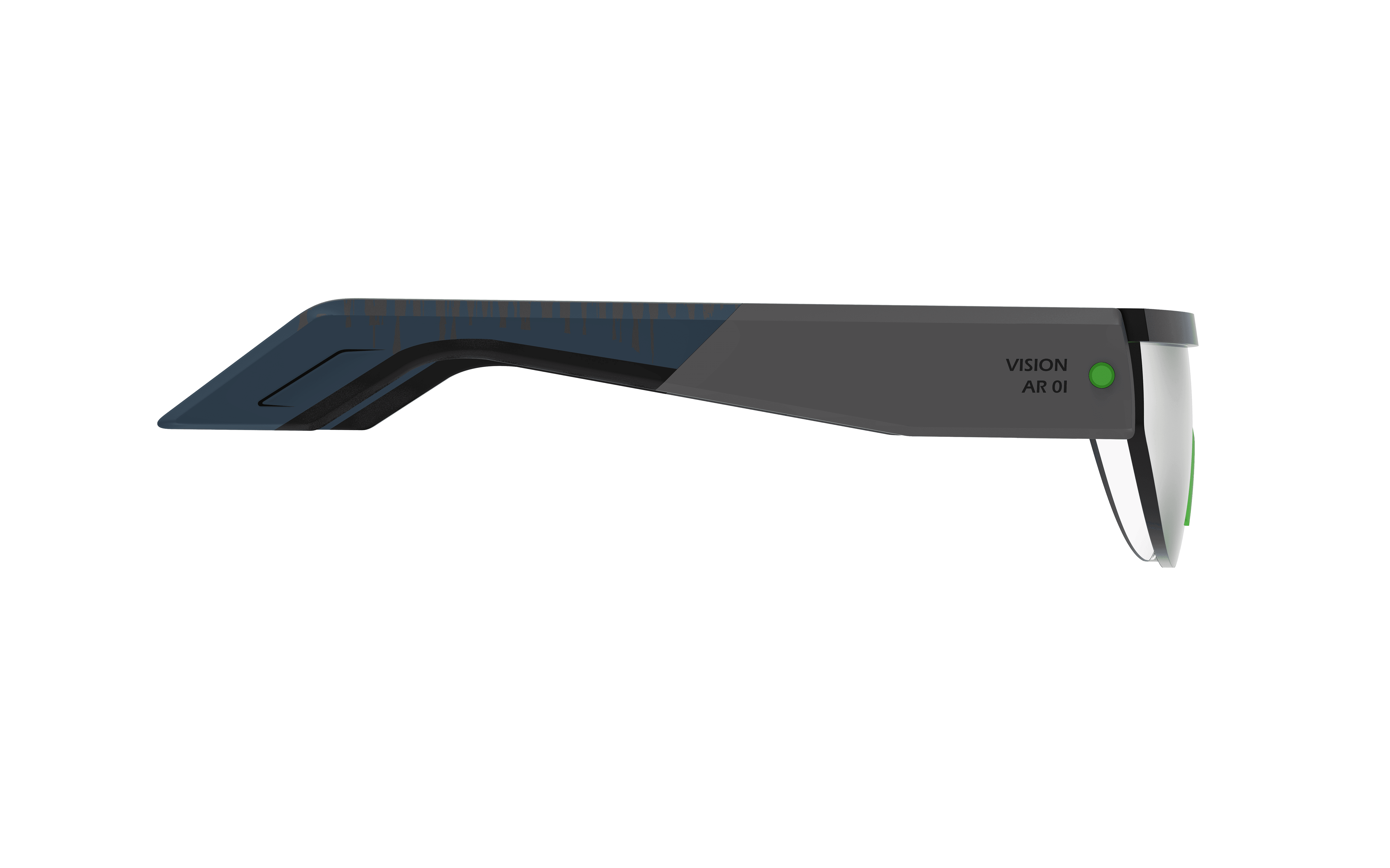 Side view of the Vision 01 AR glasses with the display activated on a transparent background.