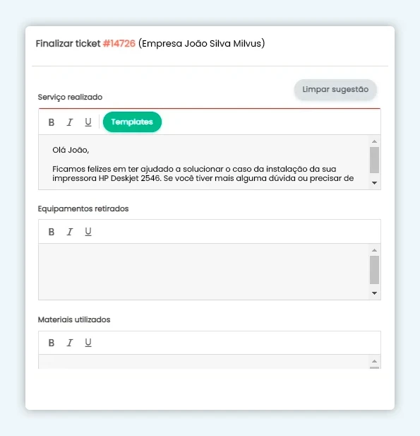 Finalização de ticket no Milvus com resposta automática gerada por IA para o cliente