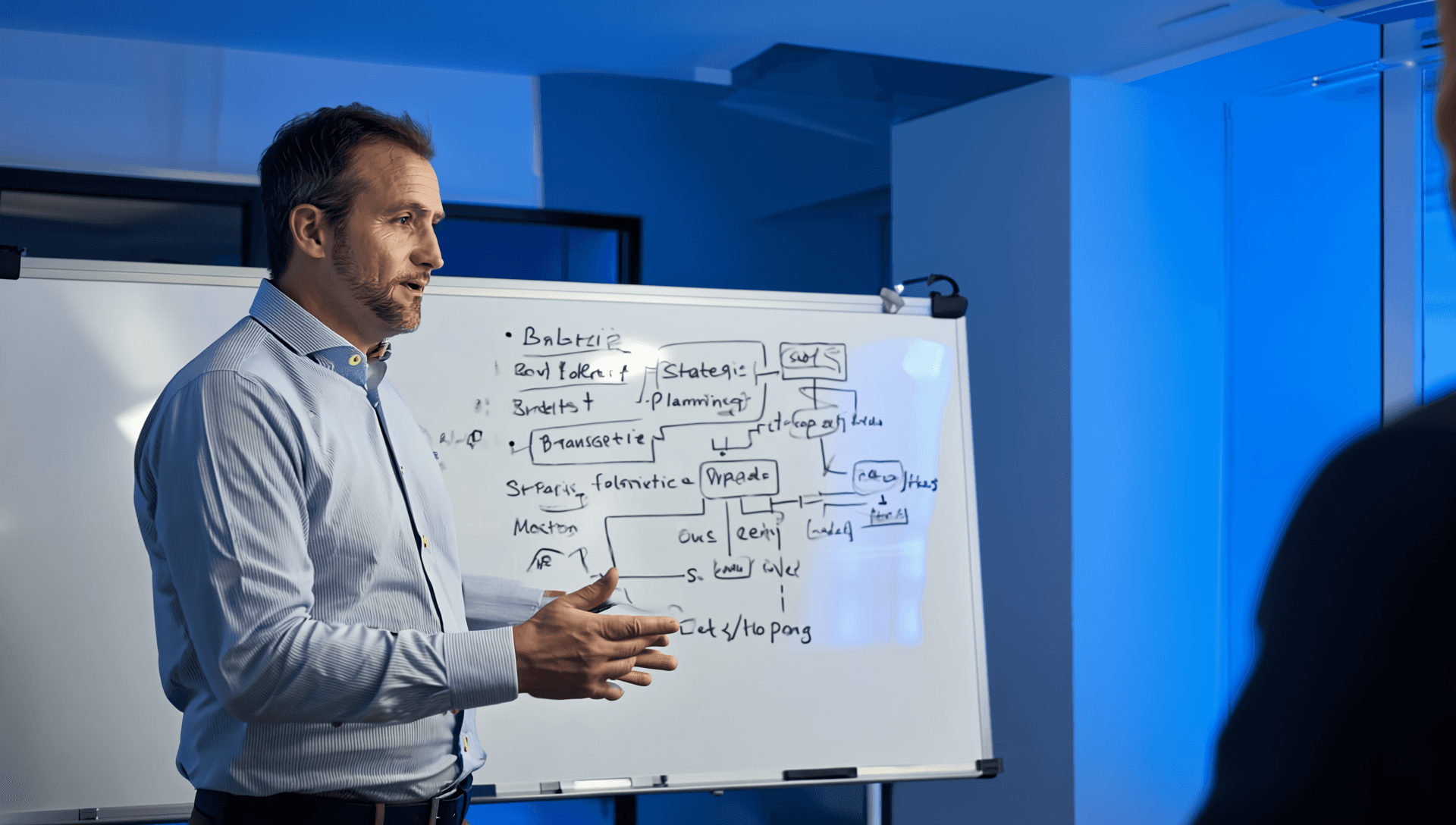 man presenting in front of audit