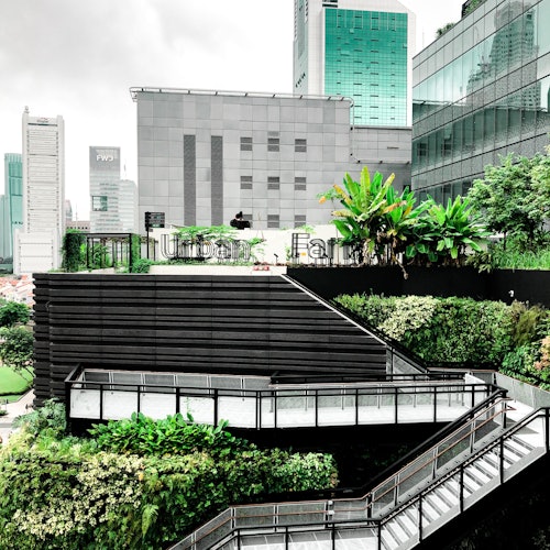 A multi-level urban garden with lush vegetation, located on a building rooftop, set against a cityscape of tall buildings.