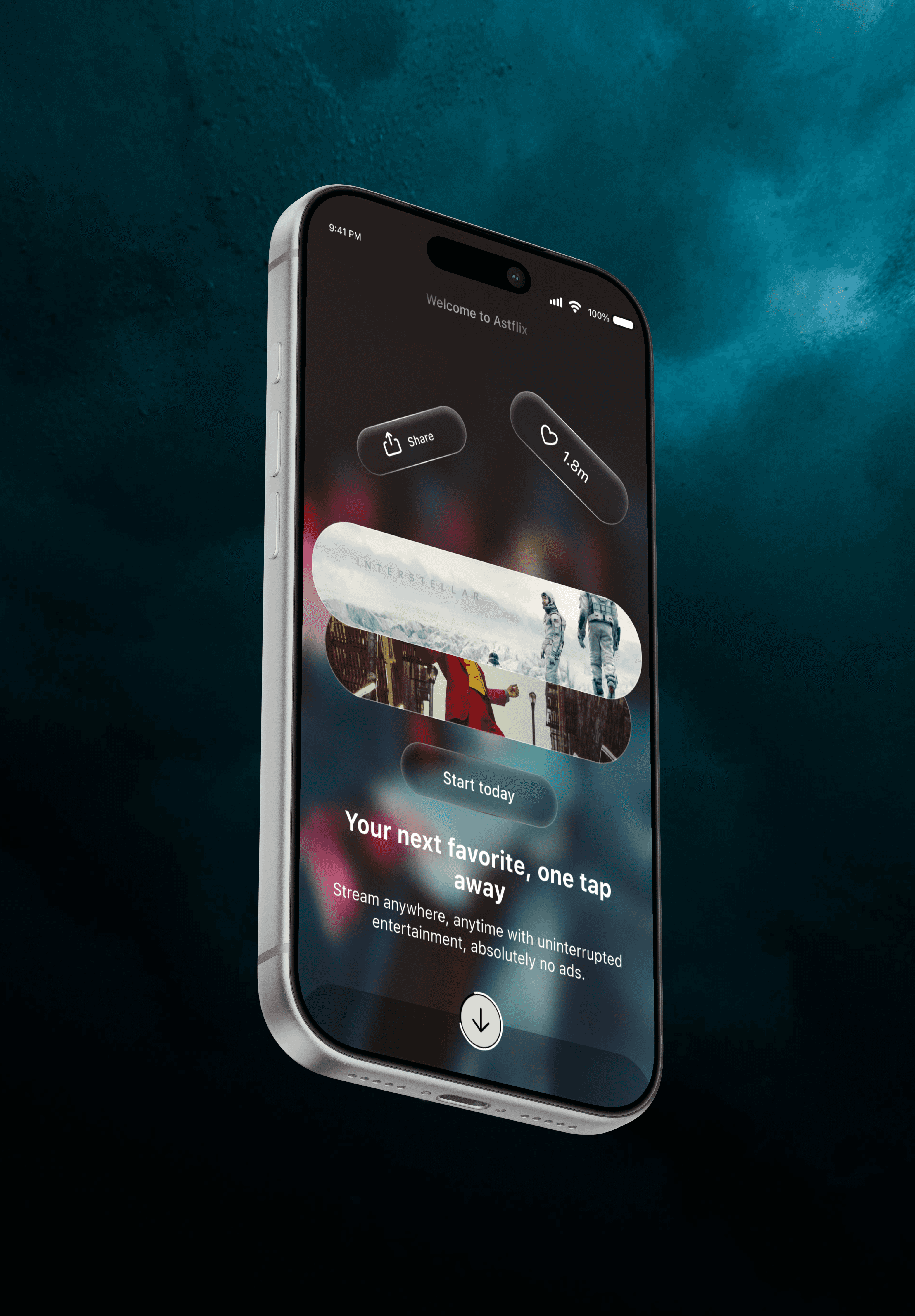 Astflix project: Mobile streaming app UI mockup on iPhone with dark mode interface.