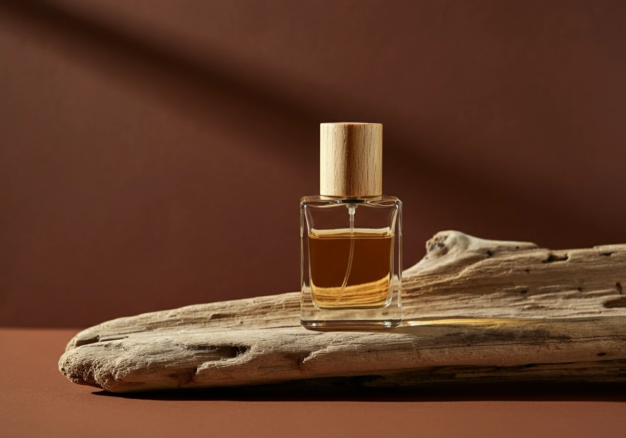 A minimalist perfume bottle with a wooden cap stands elegantly against a warm, earthy brown background. The bottle is positioned on a piece of driftwood, creating a rustic, natural aesthetic. Soft highlights and subtle shadows enhance the transparent glass, emphasizing its clarity. The composition centers the bottle, framed by the flowing lines of the wood, with a focus on its simplicity and elegance. The lighting is warm and soft, suggesting a serene, organic atmosphere.