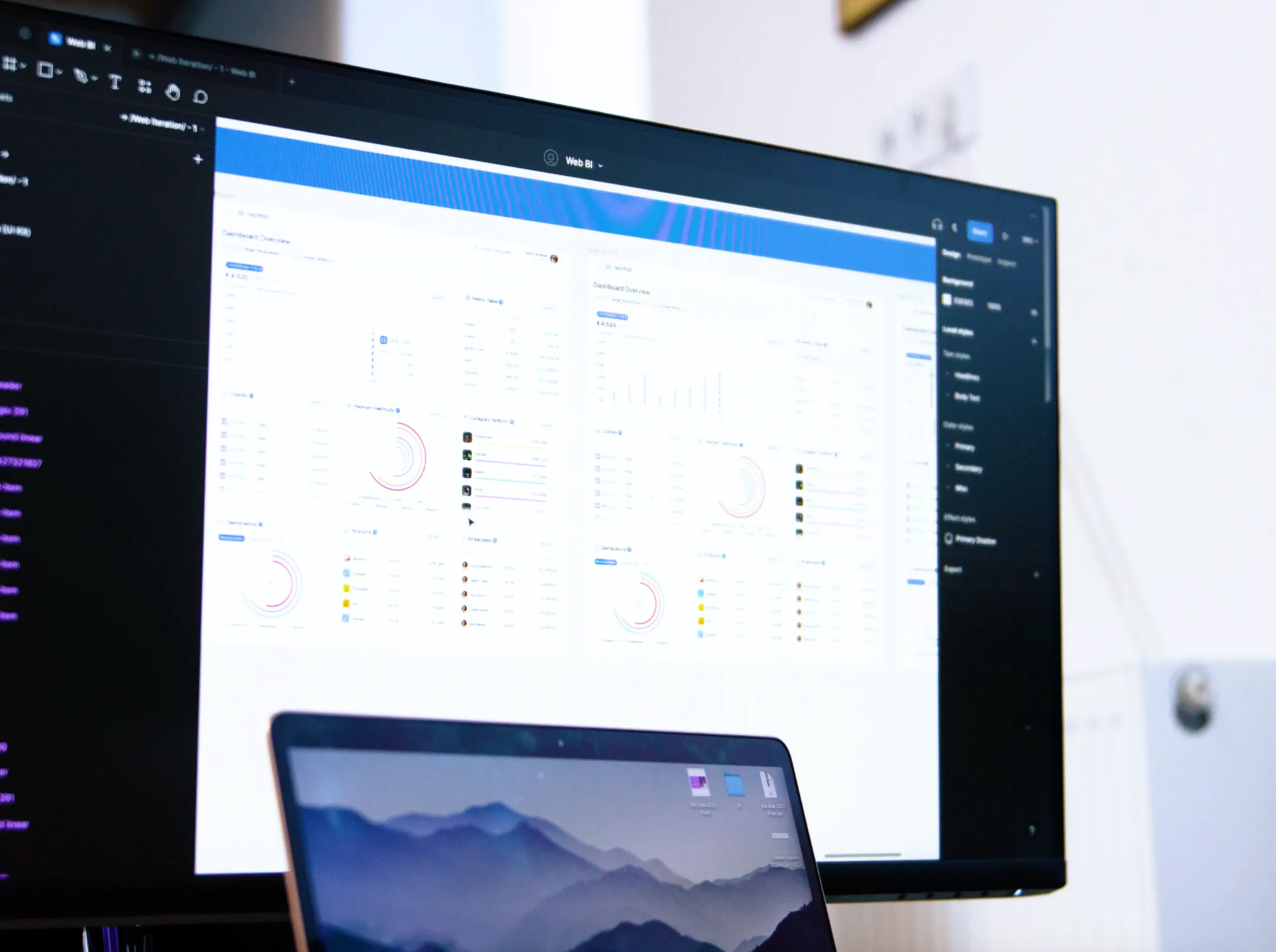 A large external monitor displaying a complex data dashboard UI being designed in Figma by the Fivecube Agency team.