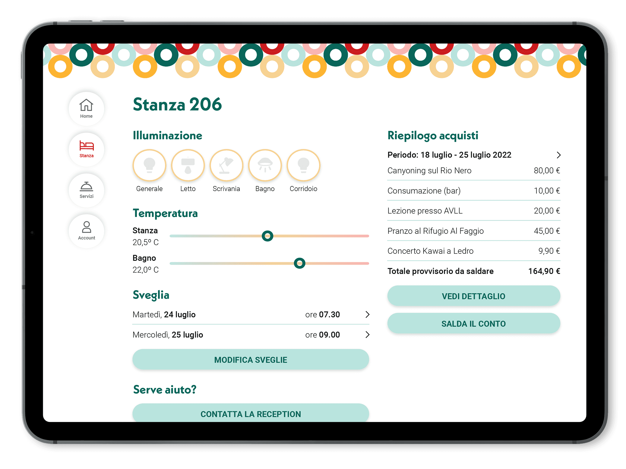 Schermata app su tablet, stanza