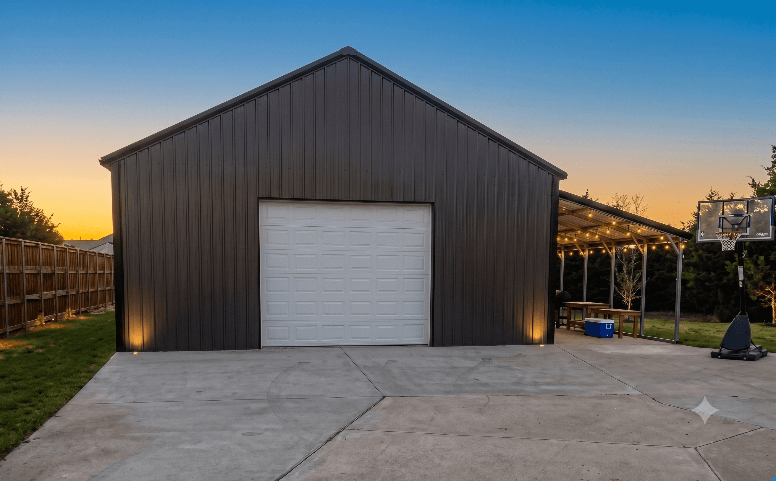 A custom residential metal garage workshop built on a concrete slab, representing professional metal buildings dallas construction services.
