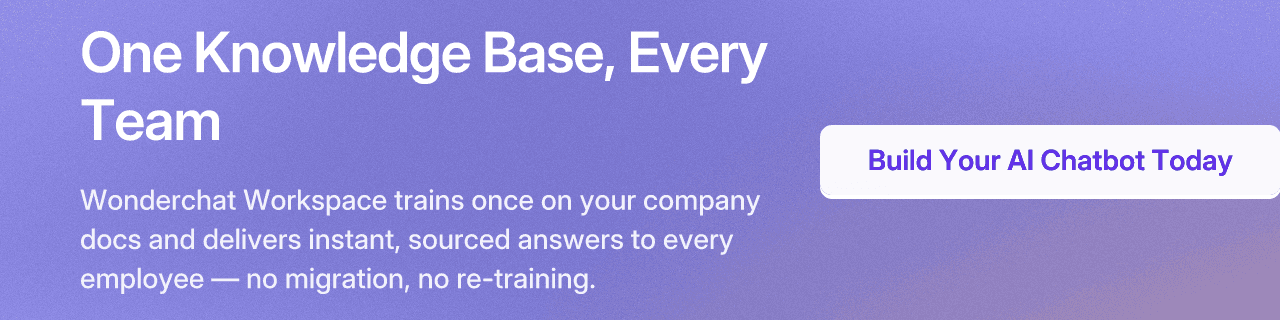 One Knowledge Base, Every Team. Wonderchat Workspace trains once on your company docs and delivers instant, sourced answers to every employee — no migration, no re-training.