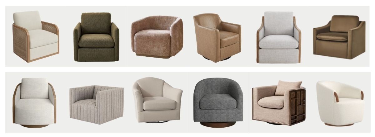 Swivel chairs in various colors and textures