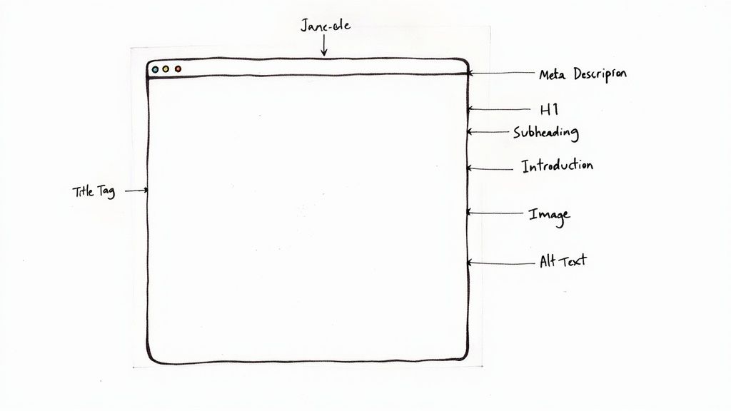 A checklist on a clipboard with items like Title Tag and Meta Description checked off, showing a methodical approach to on-page SEO.