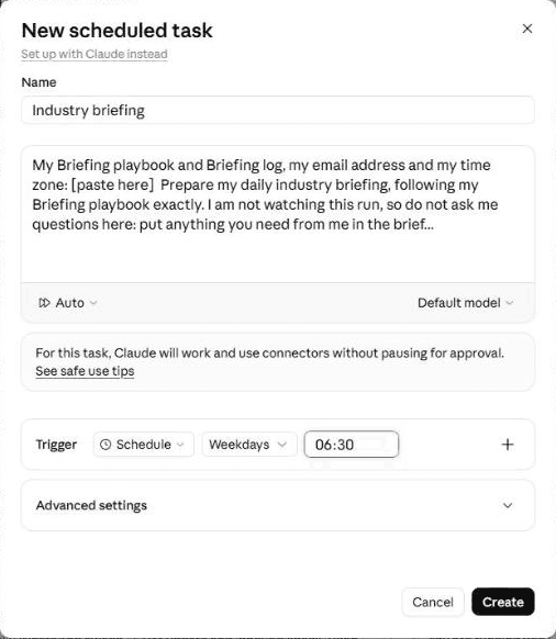 Claude's New scheduled task window filled in for a daily industry news briefing: the name Industry briefing, the instructions, and a trigger set to weekdays at 06:30