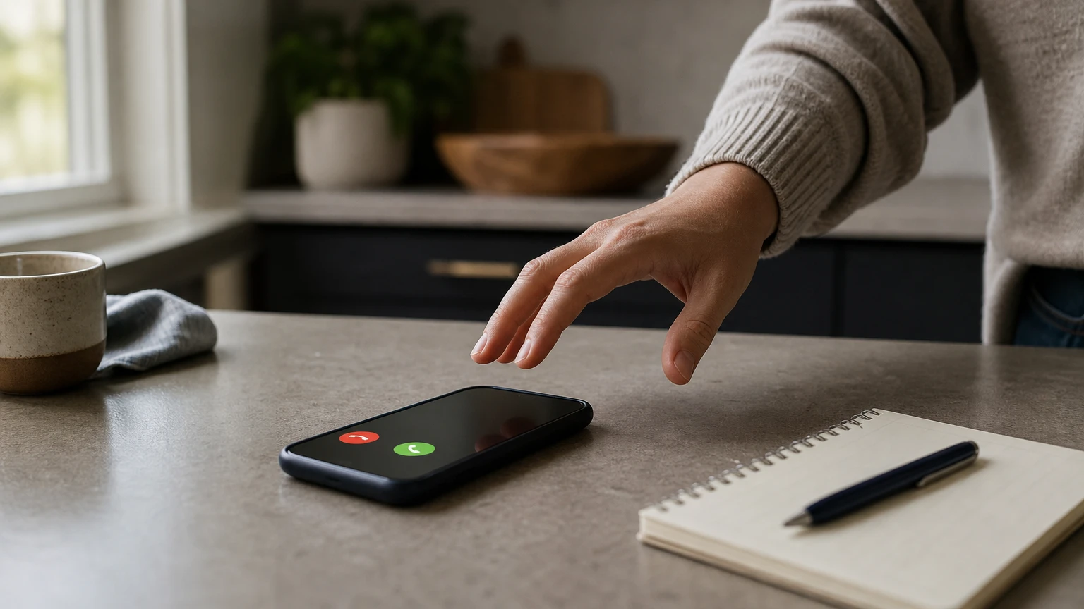 A worried person reaches for a ringing smartphone on a kitchen counter.