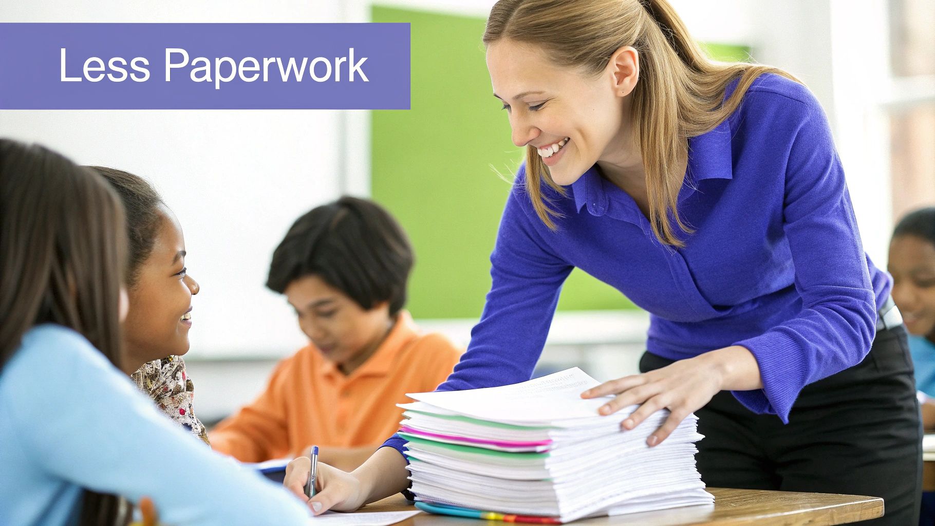 A teacher at a desk looking overwhelmed with a large stack of paperwork, with a clear digital interface in the background symbolizing a solution.