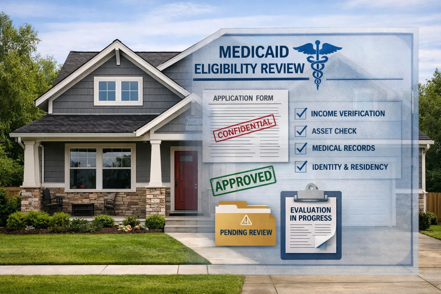 House partially covered by a transparent overlay representing a government review of Medicaid eligibility.