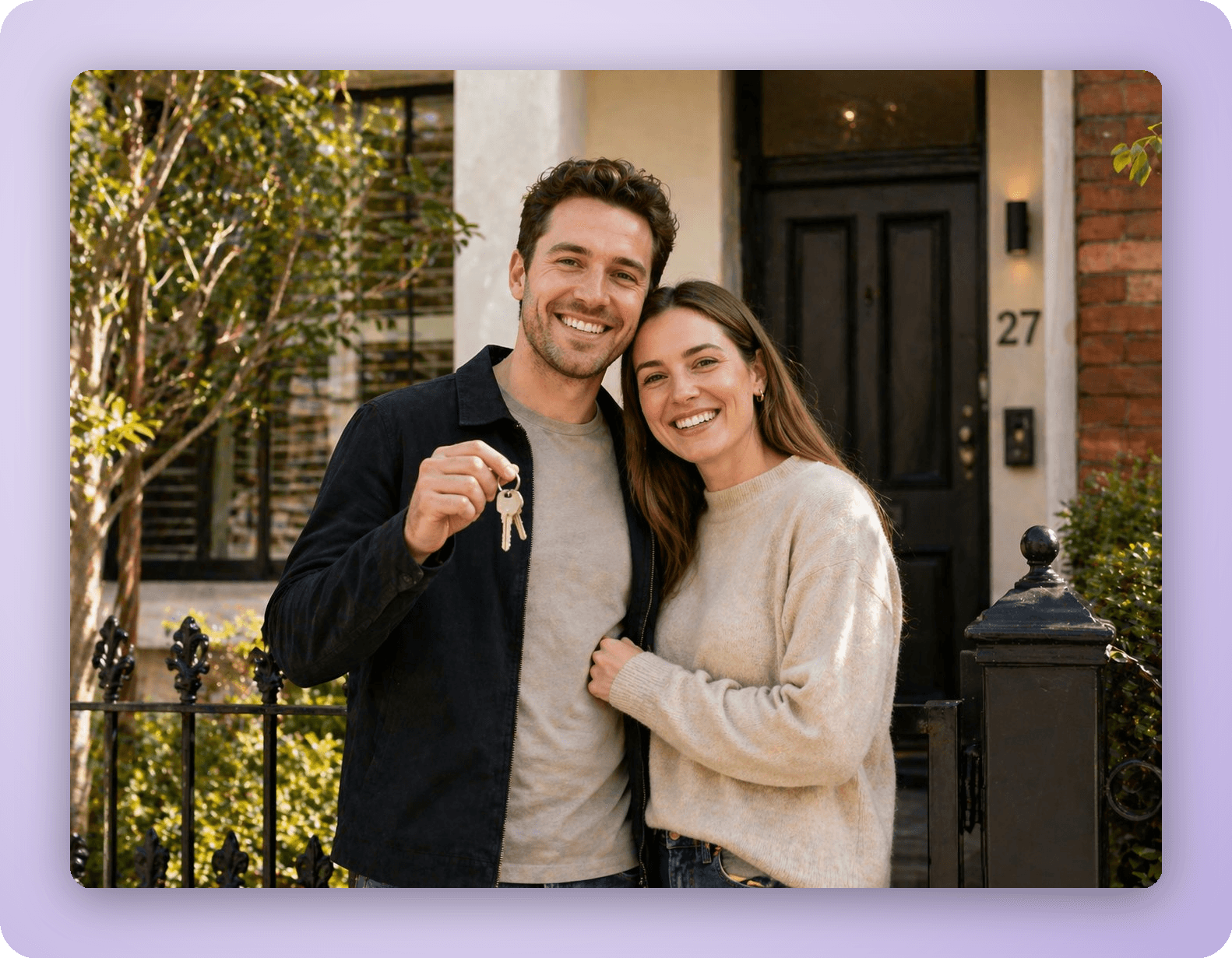 First home buyers holding keys outside their new Victorian home