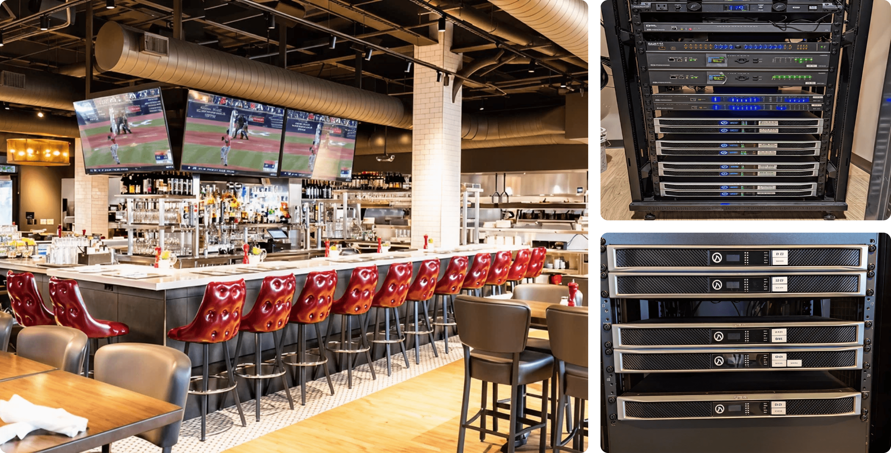 Bar with screens, audio equipment racks