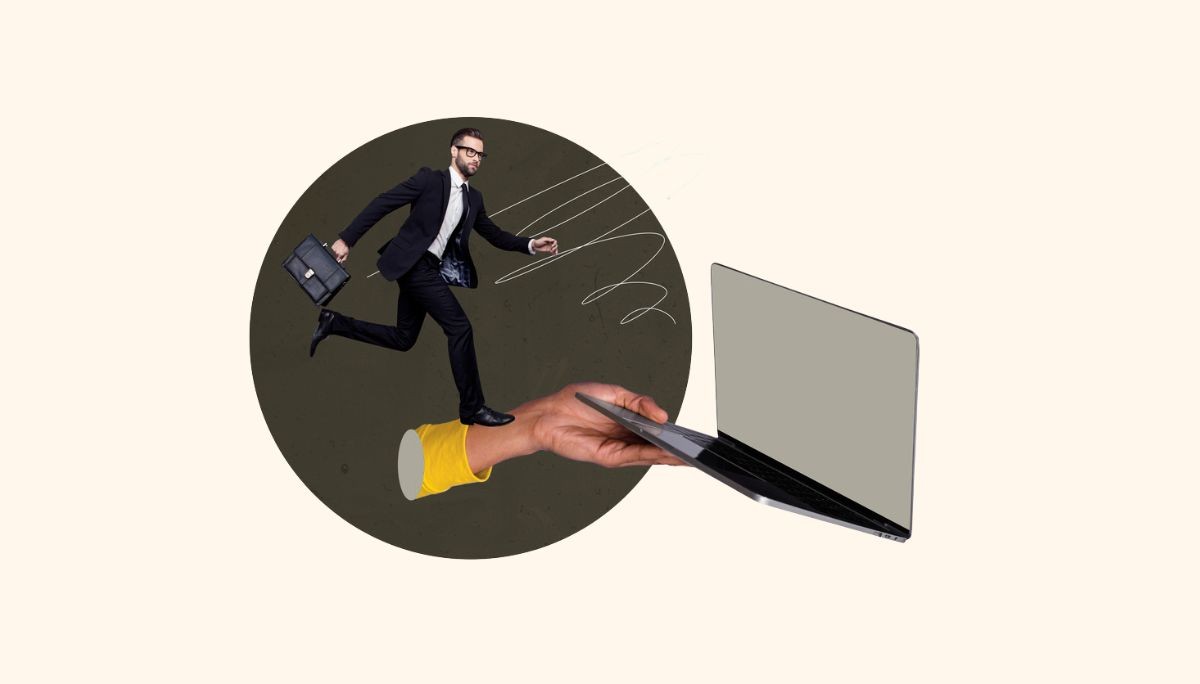 Collage of a business professional running toward an outstretched hand holding a laptop, symbolizing startup decisions around in‑house, agency, or hybrid software development.