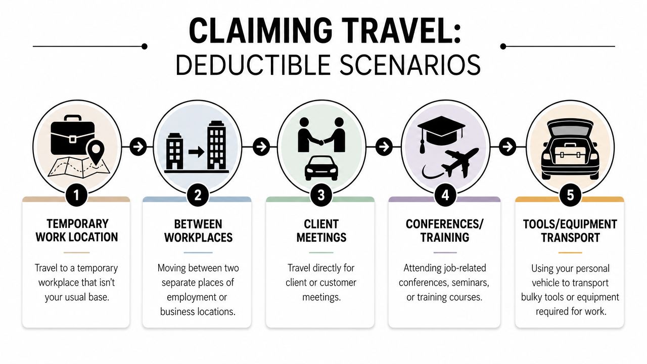 An infographic showing five deductible travel scenarios for employees using icons and clear descriptive labels.