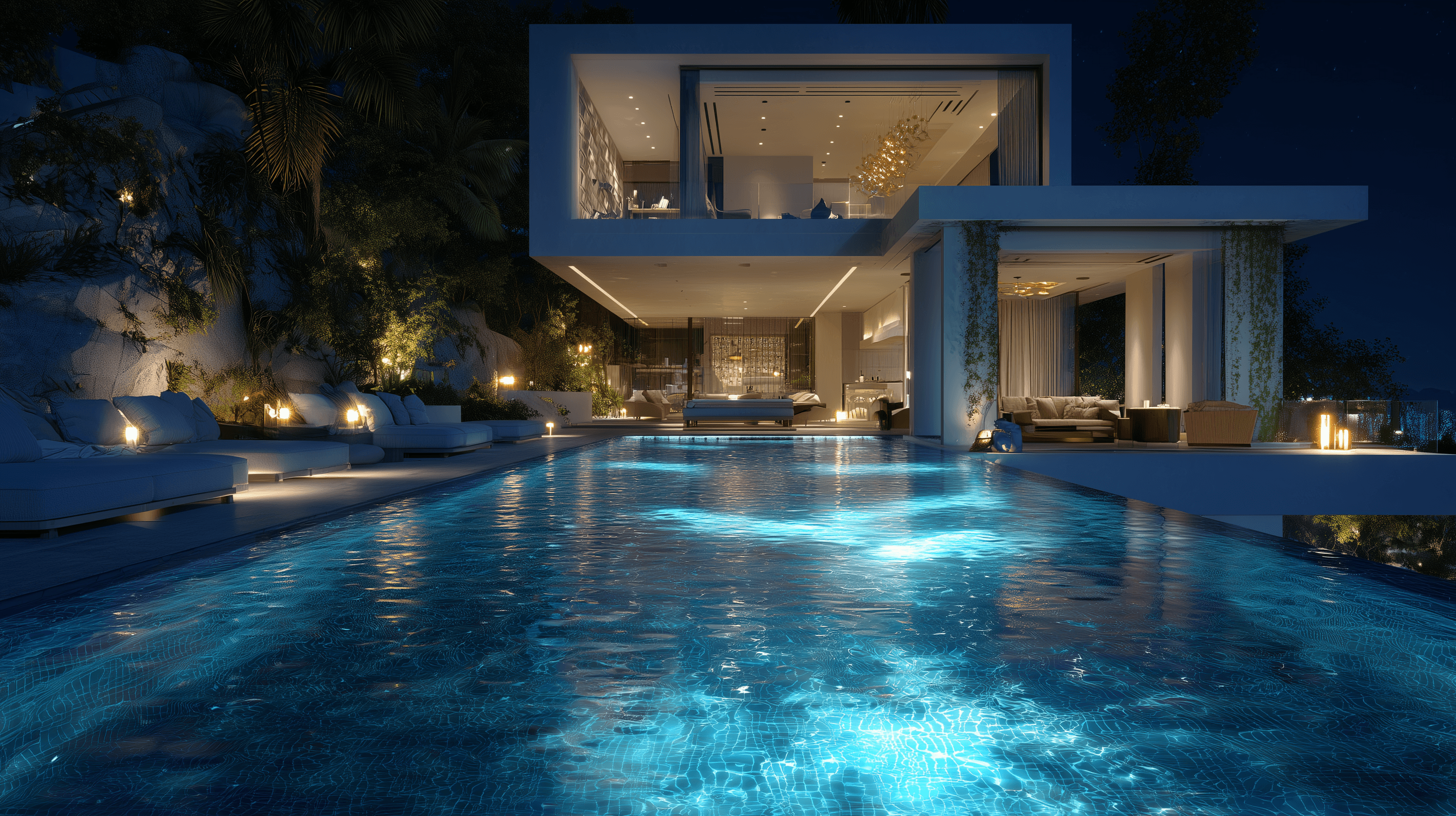 Modern two-story house with large glass windows, expansive patio, and pool reflecting the sunset. A relaxed dog lies on the poolside, conveying tranquility.