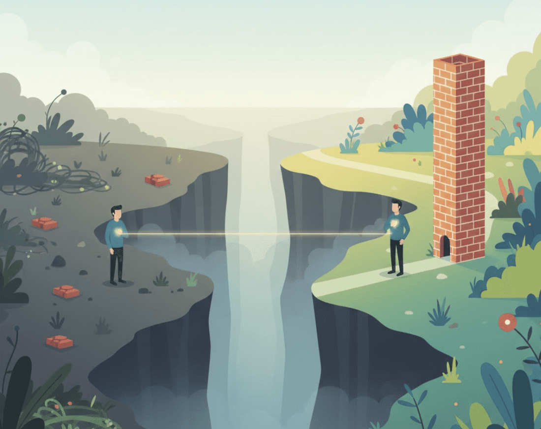 An editorial illustration of a man standing on a dark, cluttered cliffside looking across a deep chasm at his future self, who stands on a vibrant, sunlit plateau with a tall, solid brick structure.